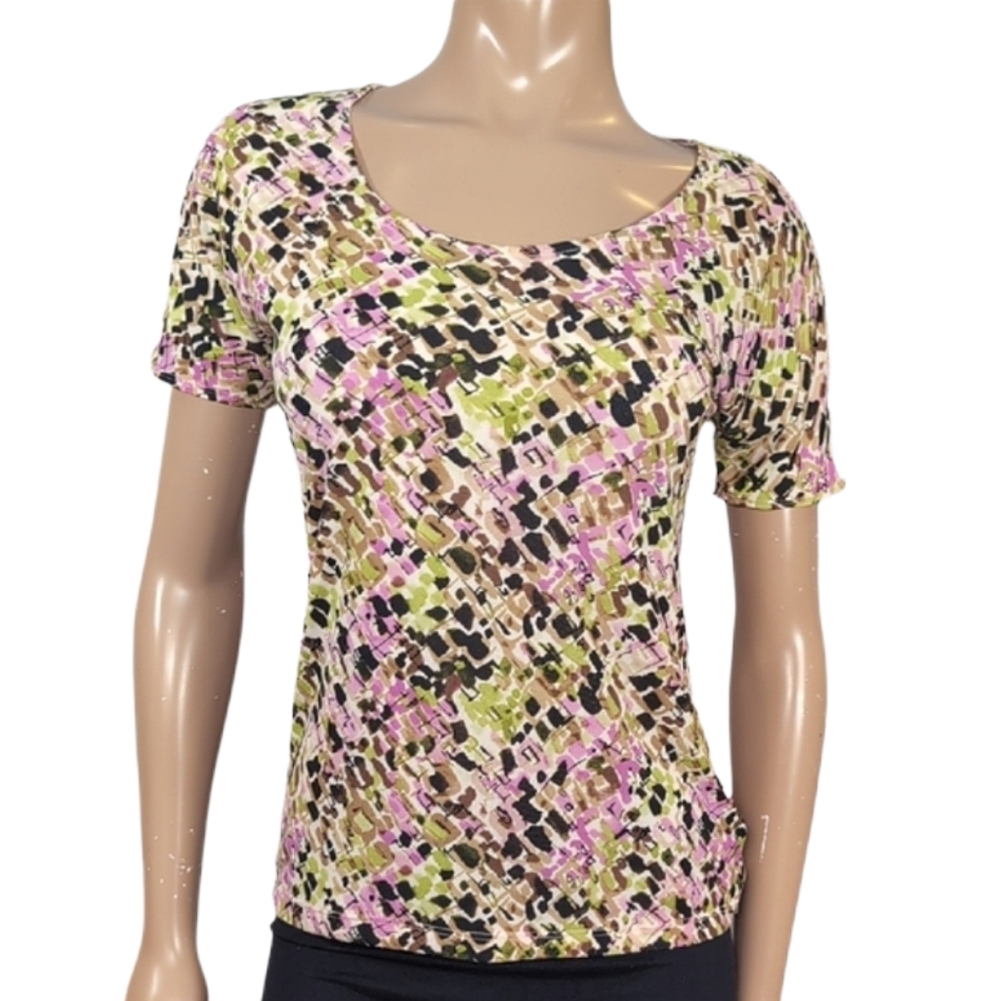 Liz Claiborne Spring Tshirt Womens Size Medium Green Pink Short Sleeve Top